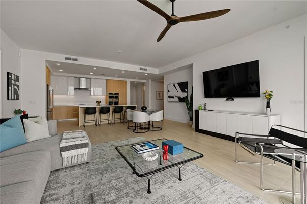 Dining room, Interior, Kitchen, Living room, Recessed Lighting, Stainless Steel Appliances, Wood Texture Flooring