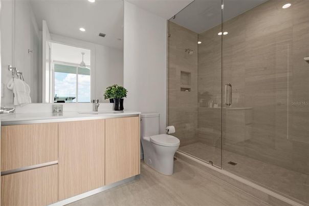 Bathroom, Glass Shower, Interior, Recessed Lighting