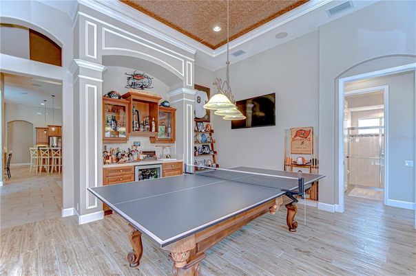 Game Room, Interior, Pendant Lights, Recessed Lighting, Wood Texture Flooring