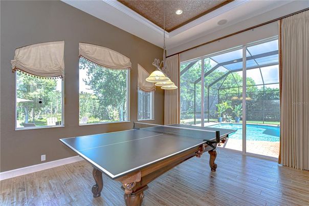 Game Room, Glass Ceilings, Interior, Pool, Recessed Lighting, Sun Room, Wood Texture Flooring