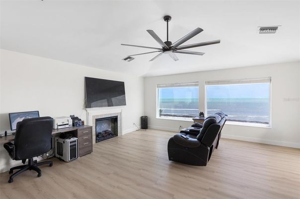 Fireplace, Home Office, Interior, Water, Wood Texture Flooring