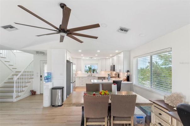 Dining room, Interior, Kitchen, Recessed Lighting, Wood Texture Flooring