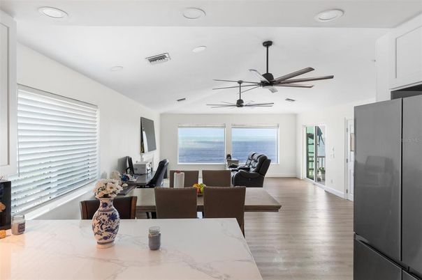 Dining room, Interior, Kitchen, Recessed Lighting, Water, Wood Texture Flooring