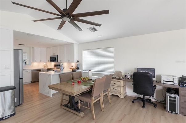 Dining room, Interior, Kitchen, Recessed Lighting, Wood Texture Flooring