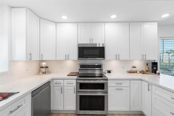 Interior, Kitchen, Recessed Lighting, Stainless Steel Appliances, Wood Texture Flooring