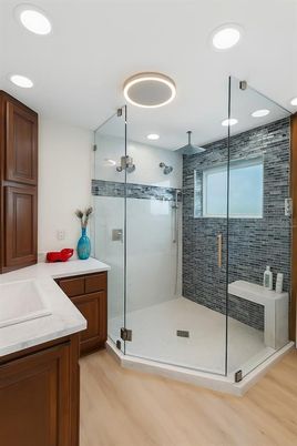 Bathroom, Glass Shower, Interior, Recessed Lighting, Wood Texture Flooring