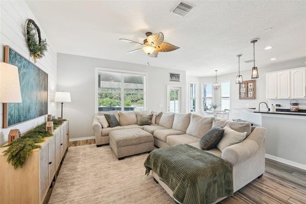 Interior, Kitchen, Living room, Pendant Lights, Recessed Lighting, Wood Texture Flooring