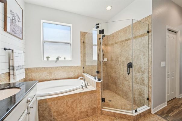 Bathroom, Glass Shower, Interior, Recessed Lighting, Wood Texture Flooring