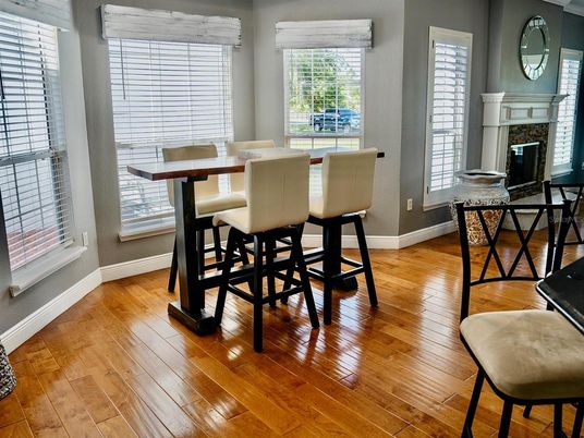 Dining room, Fireplace, Interior, Wood Texture Flooring