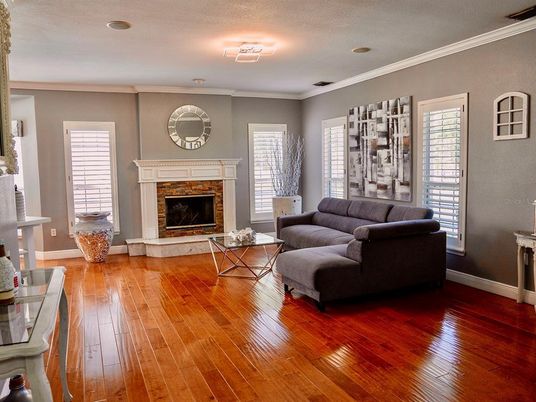 Fireplace, Interior, Living room, Recessed Lighting, Wood Texture Flooring