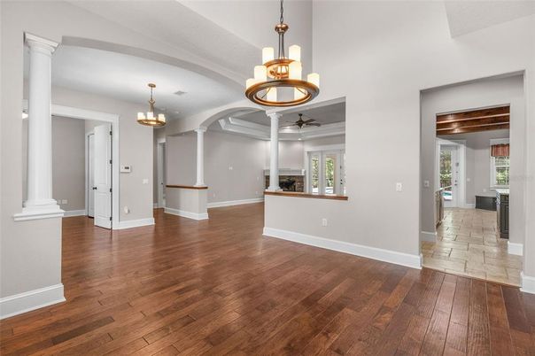 Chandelier, Empty room, Interior, Pendant Lights, Wood Texture Flooring