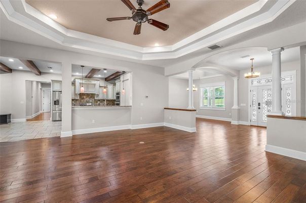 Empty room, Interior, Kitchen, Pendant Lights, Recessed Lighting, Wood Texture Flooring