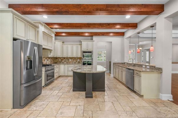 Interior, Kitchen, Pendant Lights, Recessed Lighting, Stainless Steel Appliances, Wooden Beams