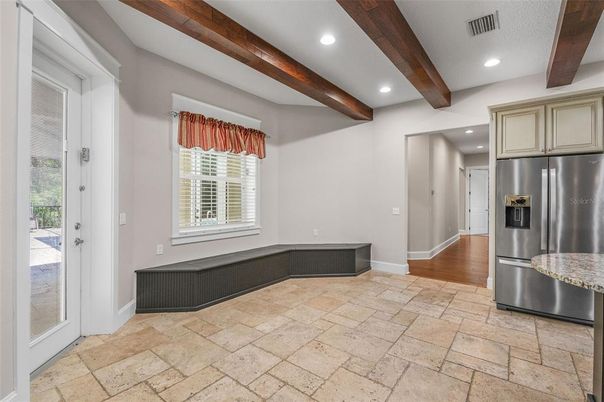 Interior, Kitchen, Recessed Lighting, Stainless Steel Appliances, Wooden Beams