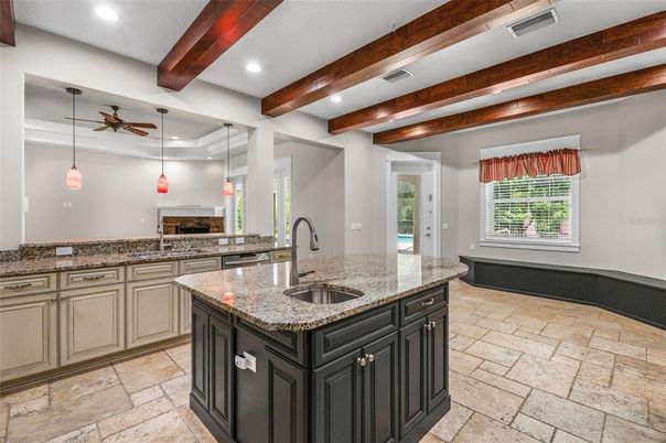 Interior, Kitchen, Pendant Lights, Recessed Lighting, Wooden Beams