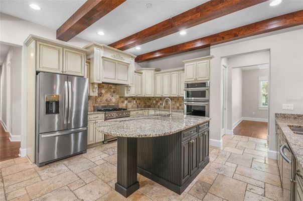 Interior, Kitchen, Recessed Lighting, Stainless Steel Appliances, Wooden Beams