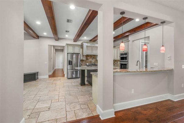 Interior, Kitchen, Pendant Lights, Recessed Lighting, Stainless Steel Appliances, Wooden Beams, Wood Texture Flooring