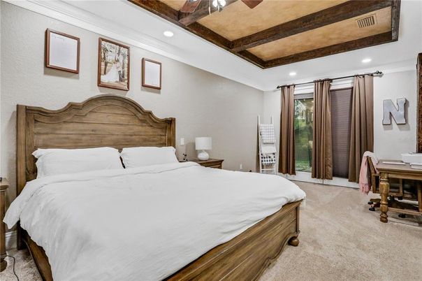Bedroom, Interior, Recessed Lighting, Wooden Beams