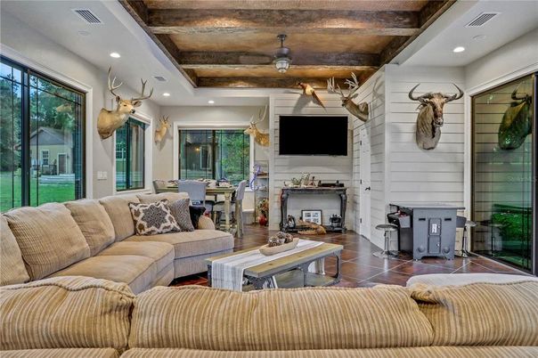 Dining room, Fireplace, Interior, Living room, Recessed Lighting, Wooden Beams
