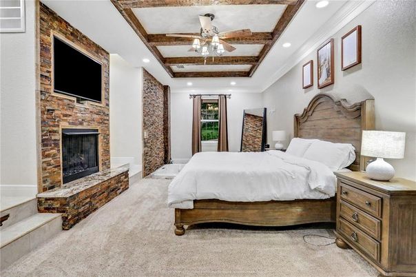 Bedroom, Fireplace, Interior, Recessed Lighting, Stone Walls, Wooden Beams