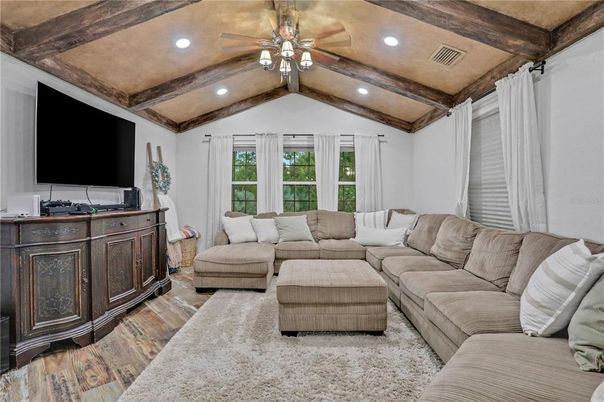 Interior, Living room, Recessed Lighting, Wooden Beams, Wood Texture Flooring