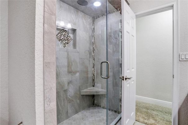 Bathroom, Glass Shower, Interior, Marble Walls, Recessed Lighting