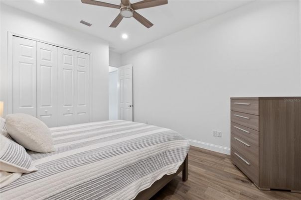 Bedroom, Interior, Recessed Lighting, Wood Texture Flooring