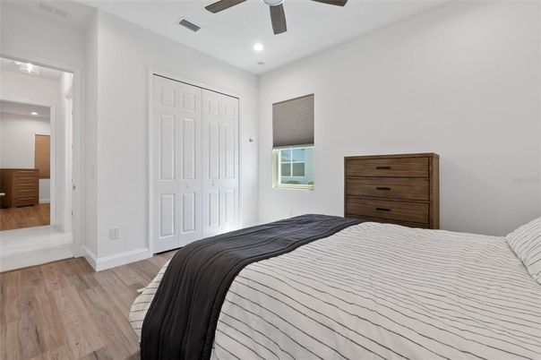 Bedroom, Interior, Recessed Lighting, Wood Texture Flooring