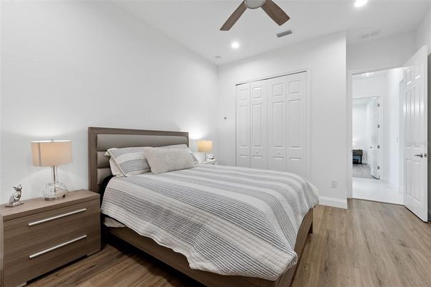 Bedroom, Interior, Recessed Lighting, Wood Texture Flooring