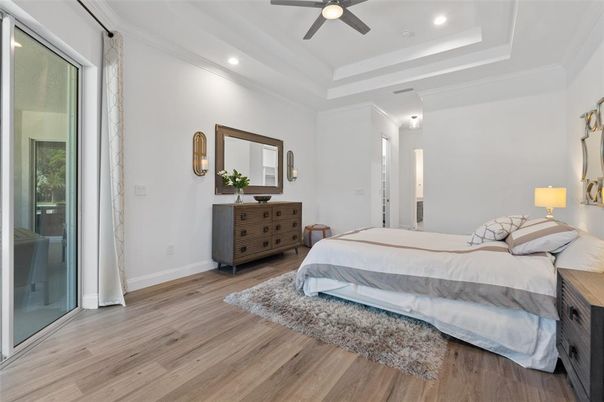 Bedroom, Interior, Recessed Lighting, Wood Texture Flooring