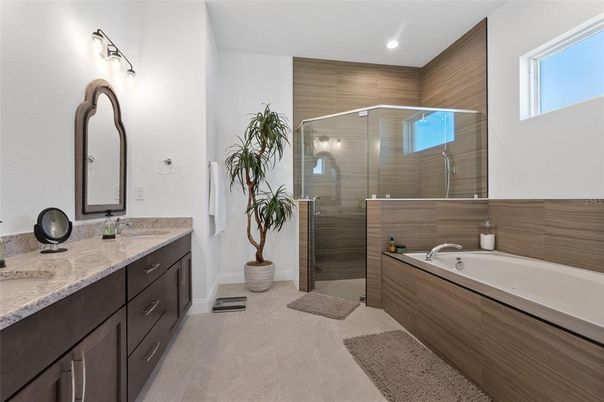 Bathroom, Dual Sink Vanities, Glass Shower, Interior, Recessed Lighting