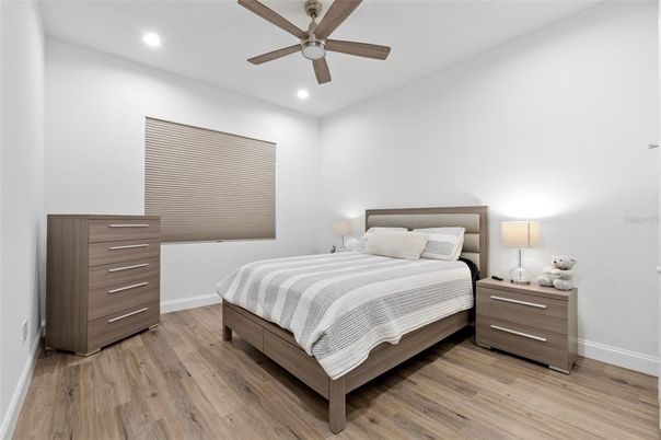 Bedroom, Interior, Recessed Lighting, Wood Texture Flooring