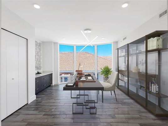 Home Office, Interior, Pendant Lights, Recessed Lighting, Wood Texture Flooring