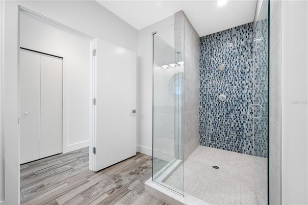 Bathroom, Glass Shower, Interior, Recessed Lighting, Wood Texture Flooring