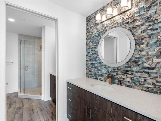 Bathroom, Glass Shower, Interior, Recessed Lighting, Wood Texture Flooring