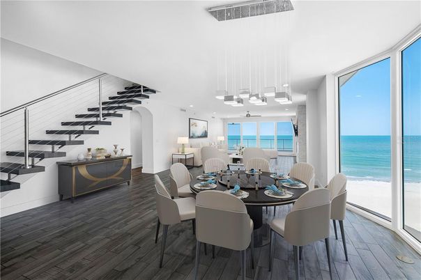 Dining room, Interior, Pendant Lights, Water, Wood Texture Flooring