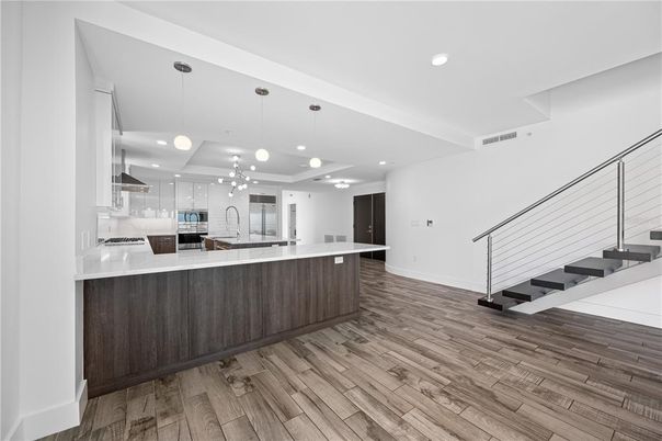 Interior, Kitchen, Pendant Lights, Recessed Lighting, Stainless Steel Appliances, Wood Texture Flooring