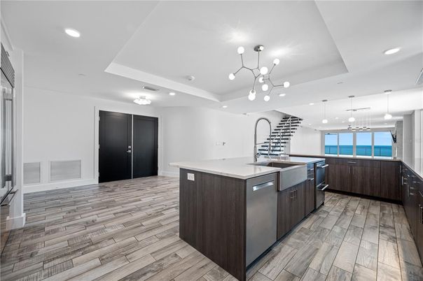 Interior, Kitchen, Pendant Lights, Recessed Lighting, Wood Texture Flooring