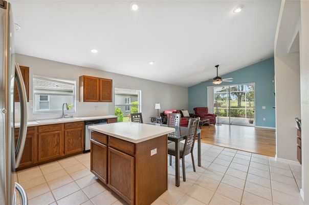Dining room, Interior, Kitchen, Living room, Recessed Lighting, Wood Texture Flooring