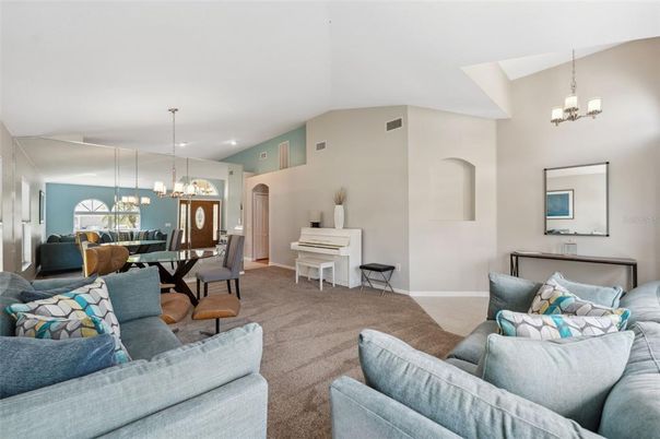 Chandelier, Dining room, Interior, Living room, Pendant Lights, Piano, Recessed Lighting