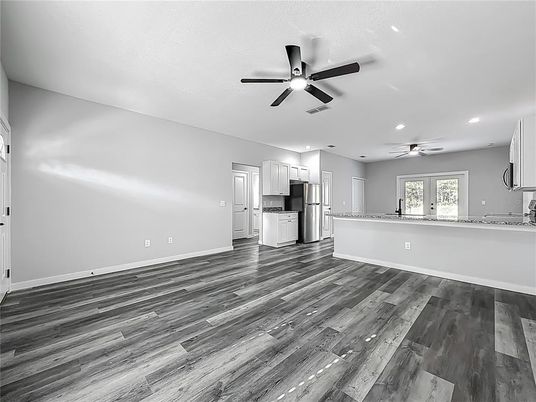 Empty room, Interior, Kitchen, Recessed Lighting, Wood Texture Flooring