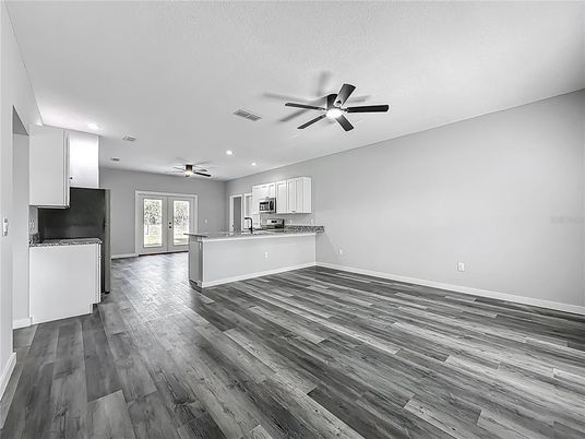 Empty room, Interior, Kitchen, Recessed Lighting, Wood Texture Flooring