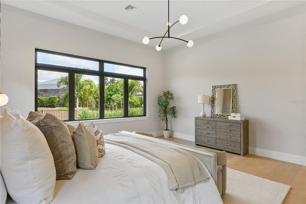 Bedroom, Interior, Pendant Lights, Wood Texture Flooring