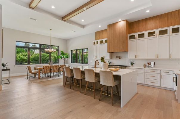 Dining room, Interior, Kitchen, Pendant Lights, Recessed Lighting, Wooden Beams, Wood Texture Flooring