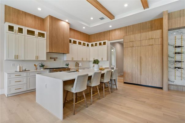 Interior, Kitchen, Recessed Lighting, Stainless Steel Appliances, Wooden Beams, Wood Texture Flooring