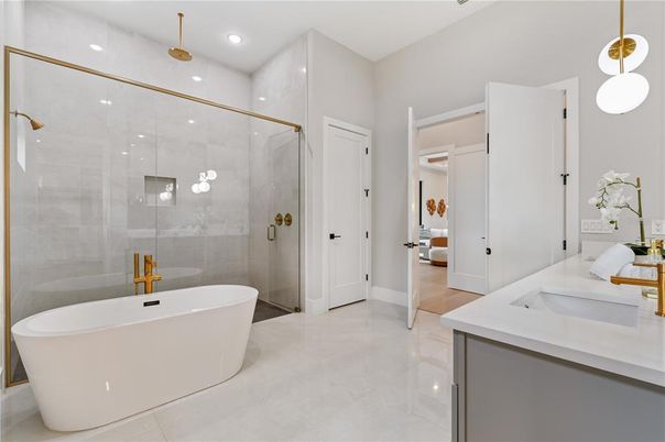 Bathroom, Dual Sink Vanities, Free Standing Baths, Glass Shower, Interior, Pendant Lights, Recessed Lighting