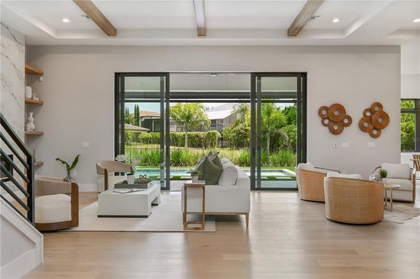 Interior, Living room, Recessed Lighting, Wooden Beams, Wood Texture Flooring