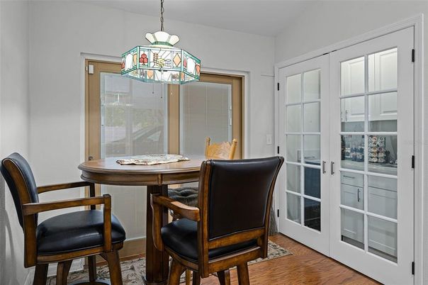 Dining room, Interior, Pendant Lights, Wood Texture Flooring