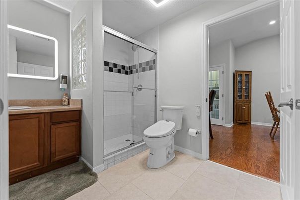 Bathroom, Glass Shower, Interior, Recessed Lighting, Wood Texture Flooring