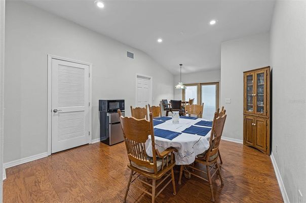 Dining room, Interior, Pendant Lights, Recessed Lighting, Wood Texture Flooring